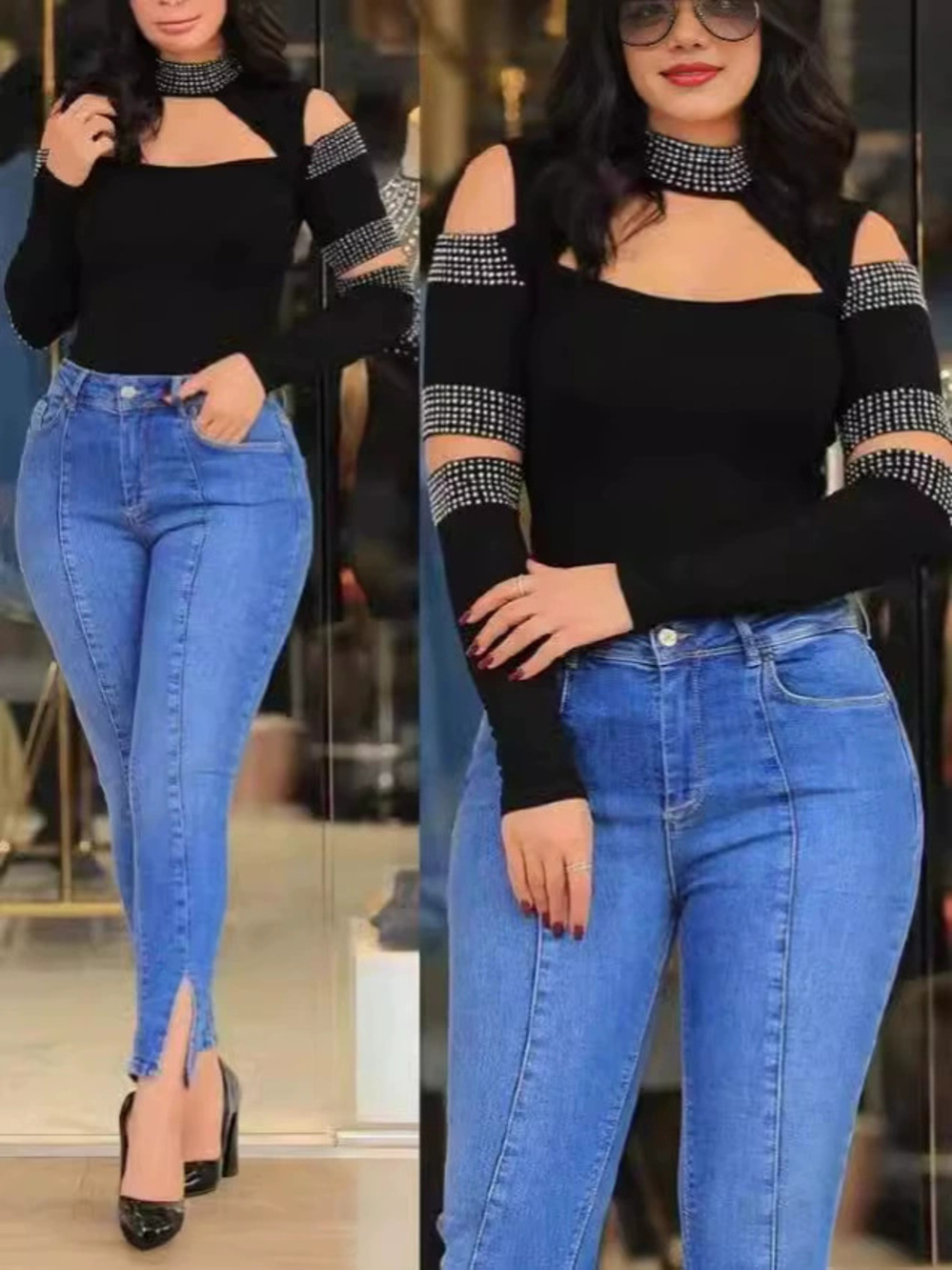 ZARA Black Rhinestone High Neck Off Shoulder Split Long Sleeve Fitted Top